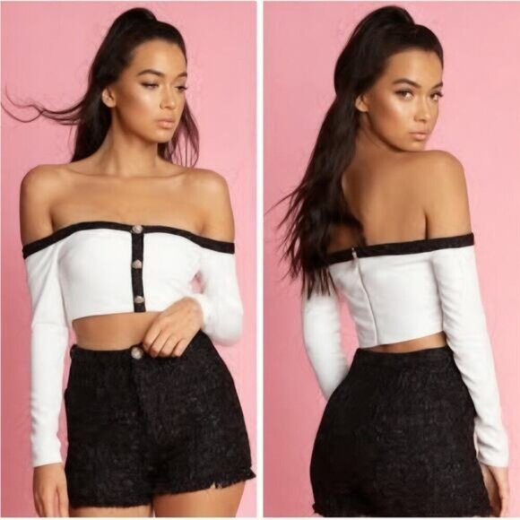 NWT AMBER X MESHKI Claudia Tweed Trim Bardot Off Shoulder Top Sz XS - Picture 1 of 13